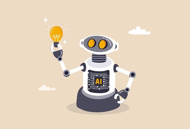 Tecnología de inteligencia artificial de IA para pensar y aconsejar nuevas ideas, chatbot de aprendizaje automático para apoyar y ayudar, innovación o automatización, robot inteligente con chip de IA que piensa en una nueva idea de bombilla. Fuente: Getty Images