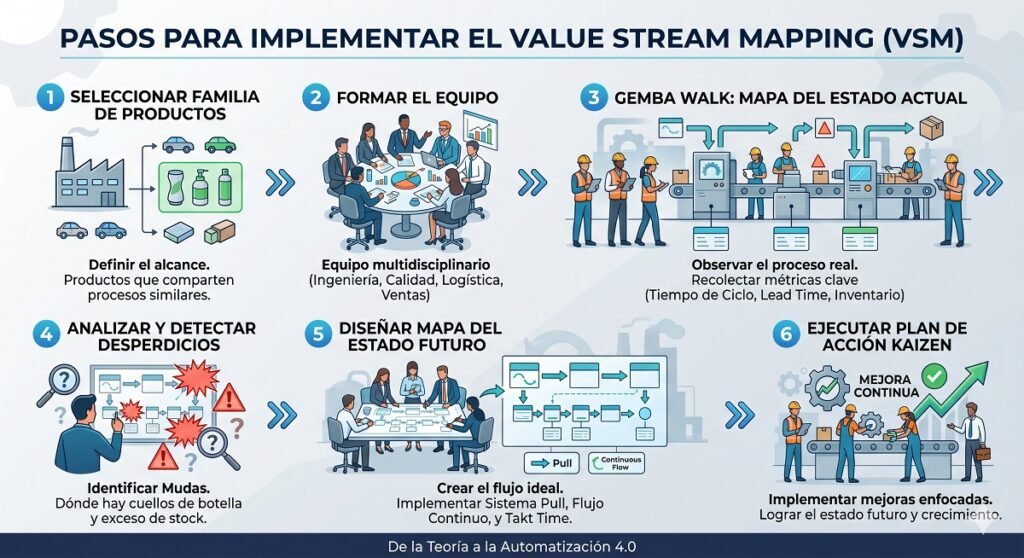Infografía de los diferentes pasos para implementar el Value Stream Mapping (VSM). Imagen elaborada por Gemini.