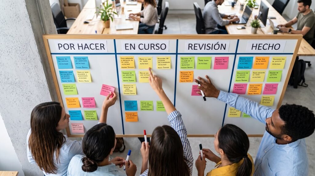 Una vista elevada de un equipo de trabajo diverso de cinco personas colaborando alrededor de un gran tablero Kanban físico en una oficina de planta abierta y luminosa. El tablero está dividido en cuatro columnas principales con encabezados claros: "TO DO" (Por hacer), "IN PROGRESS" (En curso), "REVIEW" (Revisión) y "DONE" (Hecho). Está densamente cubierto con notas adhesivas de colores (azules, amarillas, verdes, rosas) que detallan tareas individuales. Varios miembros del equipo están interactuando activamente con el tablero: una mujer señala una nota en la columna "IN PROGRESS", otra persona mueve una nota, y otros sostienen marcadores, discutiendo el flujo de trabajo. Al fondo, se ve a otros colegas trabajando en escritorios con computadoras y plantas, creando un ambiente de oficina productivo y moderno.