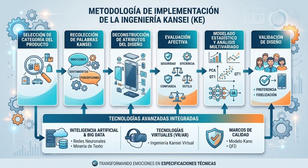 Principales pasos para la implementación de Ingeniería Kansei. Elaborado por Gemini.