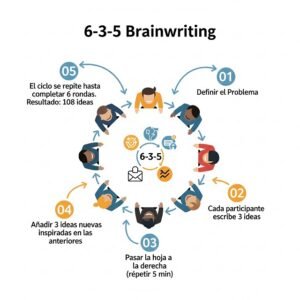 El método 6-3-5 es uno de los más populares para aplicar el Brainwriting. Elaborado por Gemini.