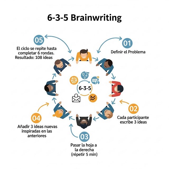 El método 6-3-5 es uno de los más populares para aplicar el Brainwriting. Elaborado por Gemini.