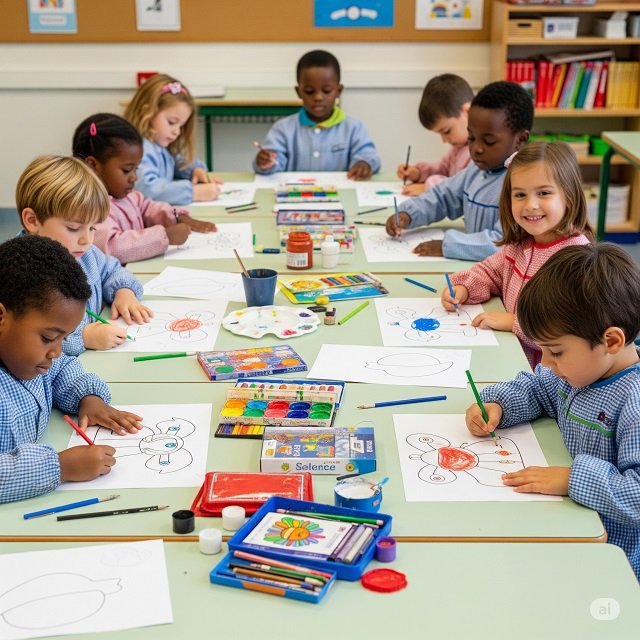 Un grupo de estudiantes participa en una de las actividades figurales del Test de Torrance, una herramienta clave utilizada por educadores para identificar y evaluar el potencial creativo en los niños. Imagen creada por Gemini.