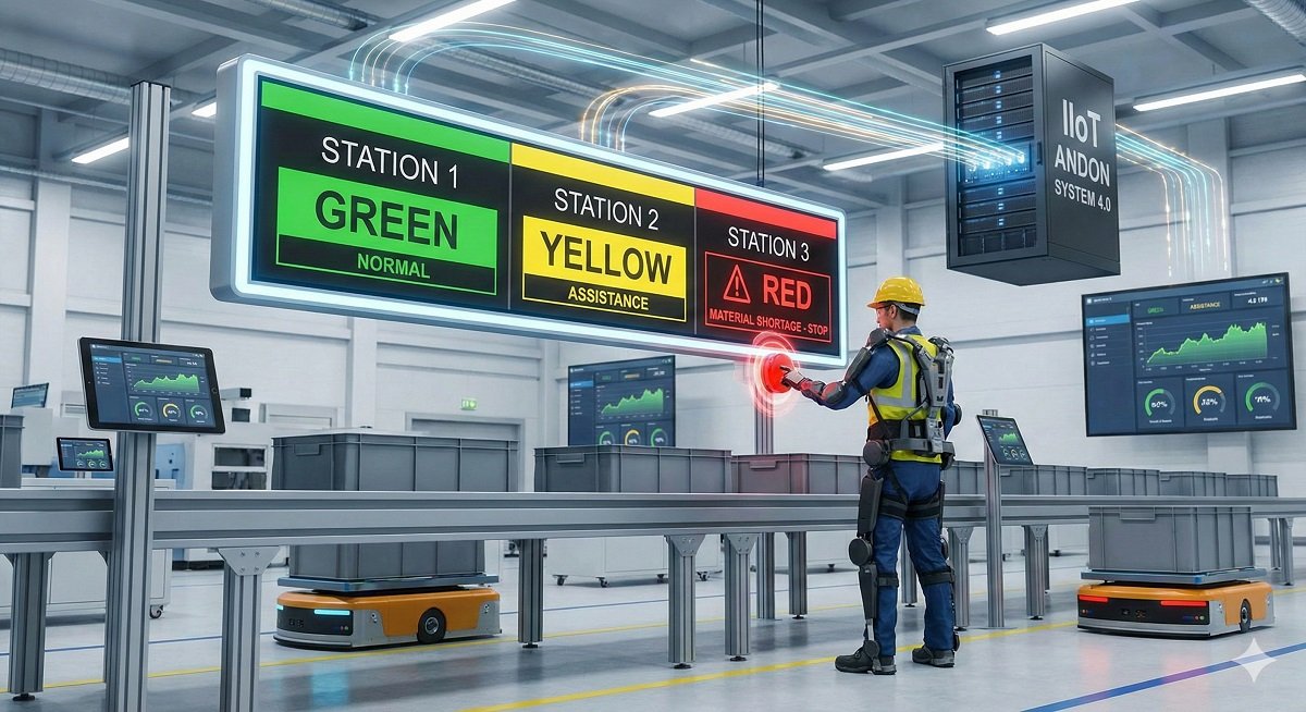 El sistema Andon es parte fundamental del Lean Manufacturing. Imagen elaborada por Nanobanana.