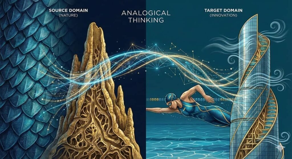 El pensamiento analógico permite a los innovadores observar soluciones eficientes en la naturaleza (el origen) y aplicar esos principios fundamentales para crear tecnologías humanas avanzadas (el objetivo).