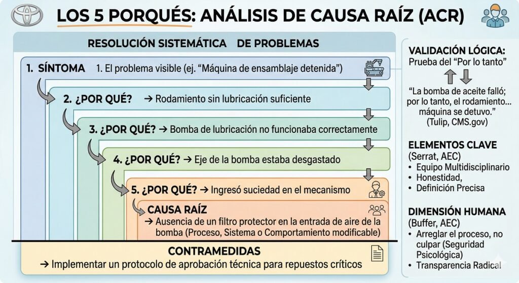 Infografía profesional sobre la técnica de los 5 Porqués para el Análisis de Causa Raíz (ACR). Muestra una escalera descendente de 5 niveles que conecta un síntoma con una causa raíz sistémica. Incluye un panel lateral con métodos de validación lógica, dimensiones humanas de transparencia radical y seguridad psicológica, y una sección final dedicada a la implementación de contramedidas.
