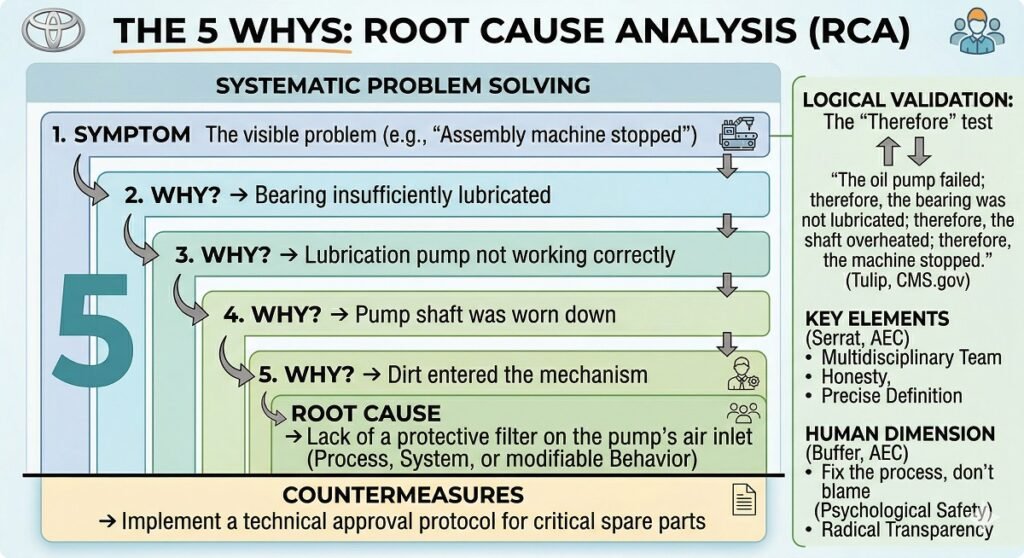 This visual representation of the 5 Whys details the transition from a visible symptom—such as machinery failure—to its root cause, specifically a deficiency in the filtration process. It incorporates critical sections on logical validation via the 'Therefore Test,' essential team success factors like honesty and precision, and the psychological safety framework proposed by the AEC and Buffer.
