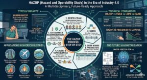 Infografía detallada sobre HAZOP (Hazard and Operability Study): Proceso, Tipos, Comparativa con FMEA y LOPA, Aplicaciones Industriales y Futuro con IA. Elaborado por Gemini.