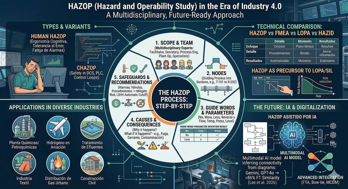 Infografía detallada sobre HAZOP (Hazard and Operability Study): Proceso, Tipos, Comparativa con FMEA y LOPA, Aplicaciones Industriales y Futuro con IA. Elaborado por Gemini.