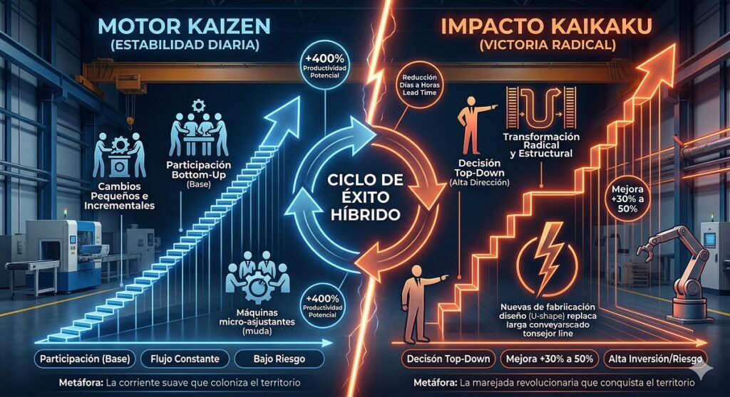 Motor Kaizen vs Impacto Kaikaku. Elaborado por Gemini.