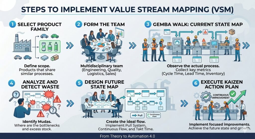 Infographic of the different steps to implement Value Stream Mapping (VSM). Image created by Gemini.