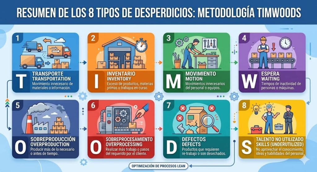 Metodología TIMWOODS: 8 tipos de desperdicios en los procesos Lean. Elaborado por Gemini.