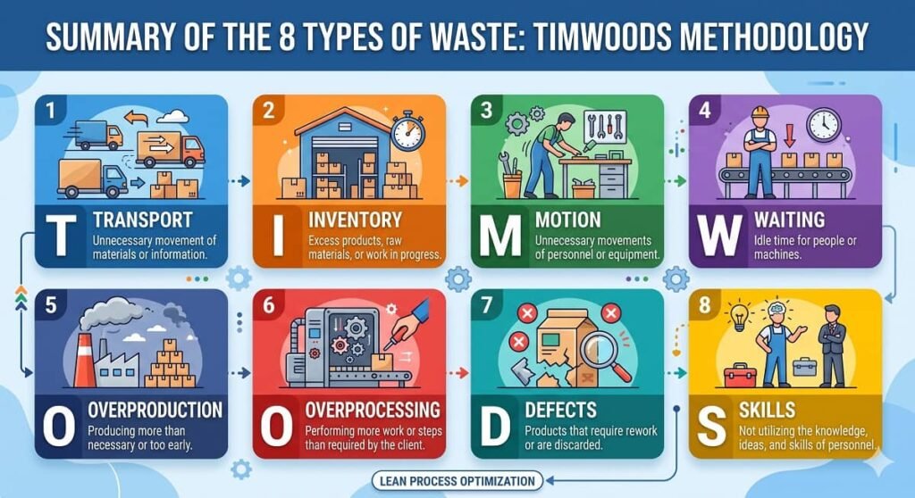 TIMWOODS Methodology: 8 Types of Waste in Lean Processes. Developed by Gemini.