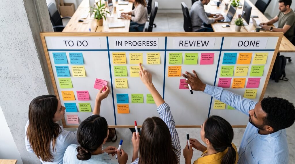 *Top-down view of a five-member professional team actively collaborating on a physical Kanban board divided into 'To Do', 'In Progress', 'Review', and 'Done' columns. Image created by Gemini.*