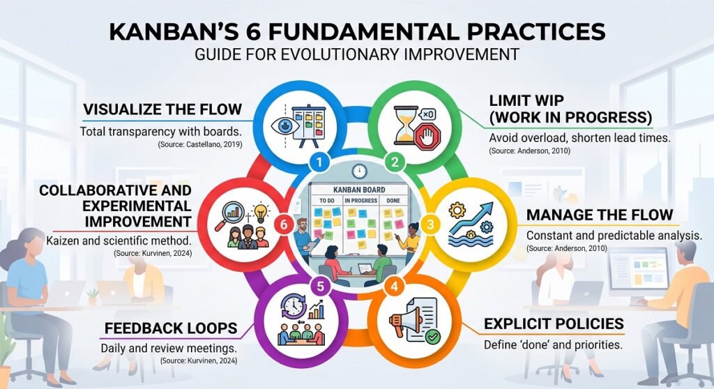 The 6 Fundamental Practices of Kanban. Developed by Gemini.