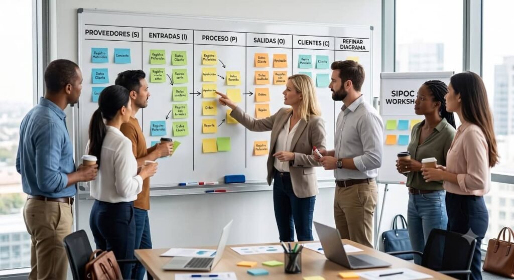Equipo multidisciplinario de gestión de calidad analizando y construyendo de pie un diagrama SIPOC con tarjetas de notas en una pizarra de oficina.