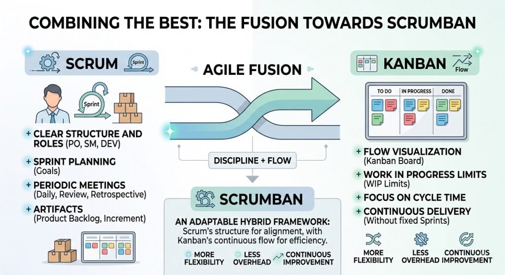 The Scrumban methodology is an adaptable hybrid framework that brings together the best elements of Scrum and Kanban. Image generated by Gemini.