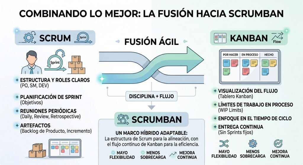 La metodología Scrumban es un marco híbrido adaptable que reúne lo mejor de Scrum y de Kanban. Imagen elaborada por Gemini.