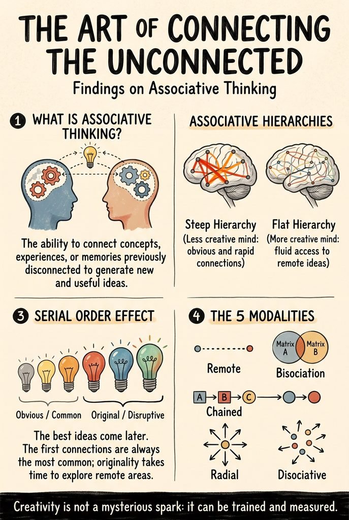 A four-panel educational infographic summarizing associative cognition: 1) Definition of linking previously disconnected ideas to generate novel, useful solutions; 2) Comparison between steep hierarchies (routine connections) and flat hierarchies (remote access); 3) The serial order effect showing that disruptive ideas emerge after obvious ones are exhausted; 4) The five core modalities (Remote, Bisociation, Chained, Radial, and Disociative). Concludes with the principle that creative ideation can be systematically trained and measured.