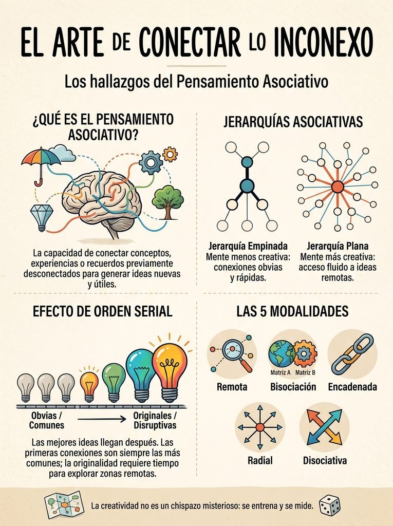Gráfico explicativo en cuatro cuadrantes que resume la ciencia del pensamiento asociativo: 1) Definición de la capacidad de conectar conceptos previamente desconectados; 2) Diferencias entre jerarquías asociativas empinadas y planas; 3) El efecto de orden serial en la originalidad de ideas; 4) Esquema de las cinco modalidades de asociación (remota, bisociación, encadenada, radial y disociativa). Cierra con la premisa de que la creatividad se entrena y se mide.